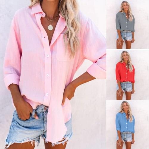 Ladies autumn/winter 2021 long sleeve lapel casual solid color slim pocket cardigan shirt