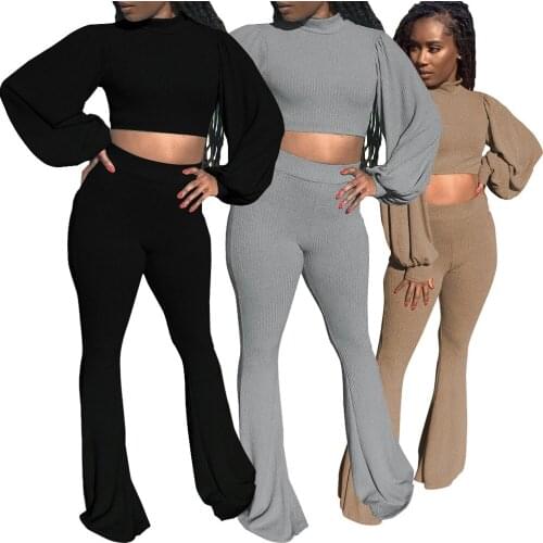 Echoine Knitted Ribbed Two Piece Set Woman Lantern Long Sleeves Crop Top and Hight Waist Loose Boot Cut Pants Tracksuits S-XXL