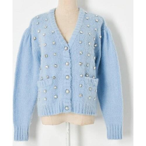 2021 Womens Long Sleeve Knit Cardigan Sweater High Quality Luxury Mohair Diamond Beaded V-neck Double Pocket Cardigan Sweater