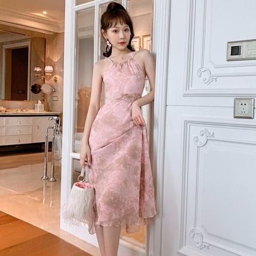 Fashion Korean Sexy Strap Sleeveless Midi Party Club Dress Ladies Elegant Casual Robe Sweet Print Chiffon Beach Vacation Dress