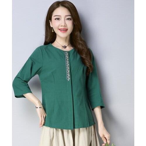 2017 Summer Women Casual Tops Clothing , Green Red 3/4 Sleeve Loose Embroidery Cardigan Blouses For Woman , Female Flower Shirt