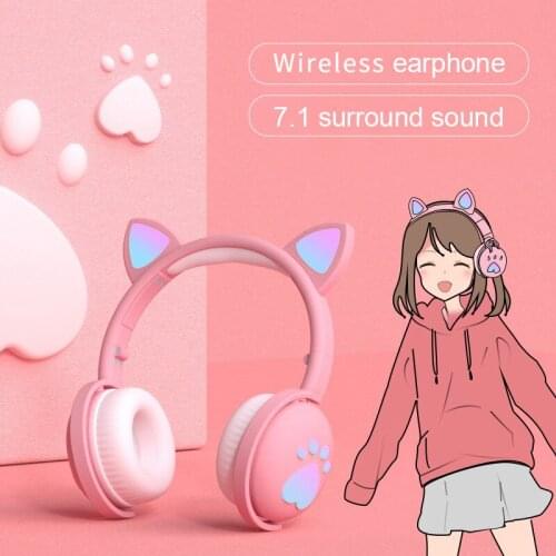 2021 new design BT5.0 cute cat ear wireless headset LED light wireless earphone subwoofer stereo music sports wireless headphon
