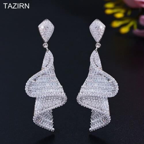 2021 New CZ Drop Earrings European серьги 3A Full Zircon Long Spiral Dangle Earrings Party Wedding Jewelry Dress Accessories