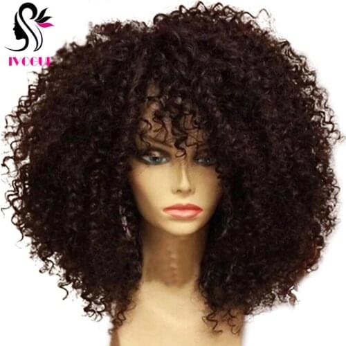 Afro Kinky Curly Human Hair Wig with Bangs 200% Density Monglian Remy Hair Scalp Top Wig Silk Base Full Machine Wig with Fringe