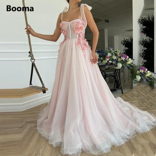 Booma Simple Baby Pink Tulle Prom Dresses Spaghetti Straps Sweetheart Handmade Flowers Prom Gowns A-Line Formal Party Dresses