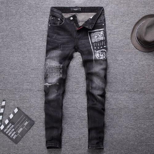 European Street Fashion Men Jeans Retro Black Gray Slim Ripped Jeans Men Embroidery Beading Printed Designer Hip Hop Punk Pants