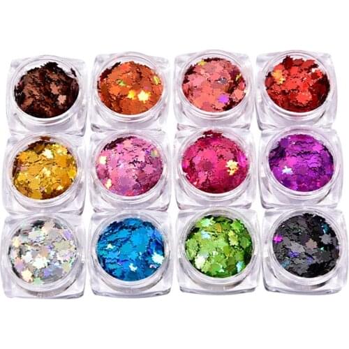 12Box/set Nail Art Holographic Sequin Chunky Ultra-thin Spangle Gold/Silver/Black Maple-Design Sequin Nail Laser Glitter Sequins