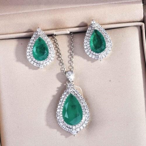 DIWENFU Genuine 925 Sterling Silver Real Emerald Necklace/Earrings Jewelry Sets Bohemia Silver 925 Jewelry Party Stud Orecchini