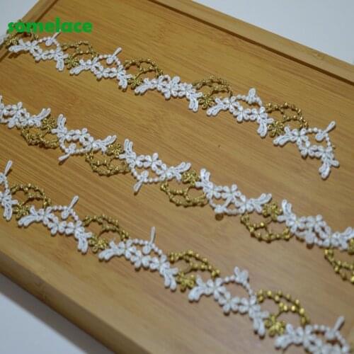 5YDS/LOT 3CM Wedding Dress Fluorescent Lace White Gold Mixed Thread Wavy-type Flower Lace Accessories Trim 2020606SOMELACE