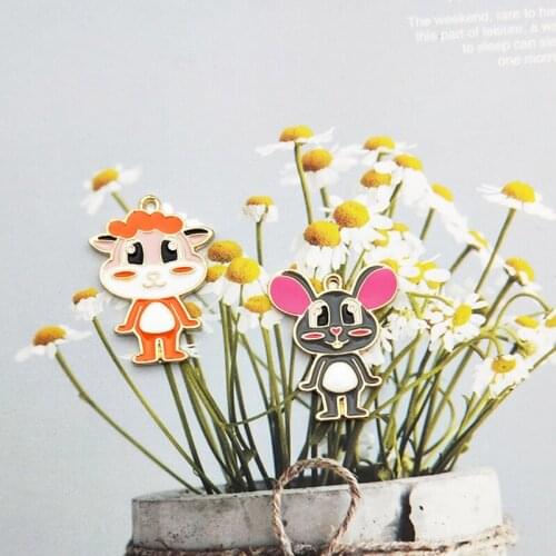10pcs Cartoon Animals Metal Enamel Charms Pendants Earring Floating Cute Cats Mouse Golden Base Charms Fit Jewelry DIY Accessory