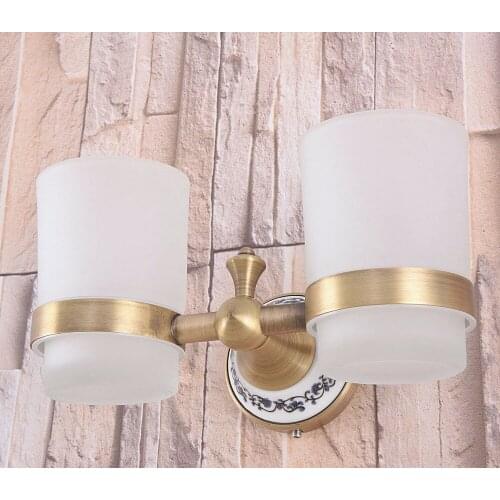 Wall Mounted Vintage Retro Antique Brass Bathroom Toothbrush Holder Set Bathroom Accessory Dual frosted Glass Cup mba781