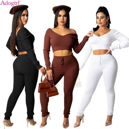 Adogirl Solid Knitting Two Piece Set Autumn Winter Women Sexy V Neck Off Shoulder Long Sleeve Crop Tops Pants Casual Slim Suit