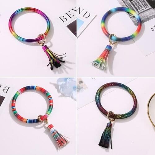 PU Colorful Black Red Brown Pink Leopard Print Straw Weaving Tassel Bangles Hoop Key Chains for Women