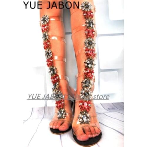 Roman Gladiator Transparent PVC Sandals Knee High Thin Heels Red sandalias botas femininas Women Shoes Girls Summer Beach Shoes