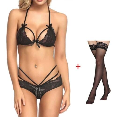 Sexy Bras For Women Lingerie Quality Polyester Transparent Black Bowknot Underwear Women Seamless Stockings Sexy Lace Bra Set