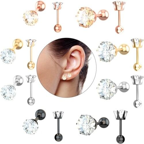 1PC/2PCS Round Crystal Ear Studs Earrings Gem Steel Cartilage Tragus Bar Helix Piercings Oreja 4mm 6mm Body Ear Jewelry 4 Colors