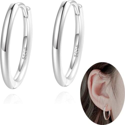 Small Hoop Earrings 925 Real Sterling Silver Round Circle Huggie Hinged for Women Men Silver Black 12MM-20MM
