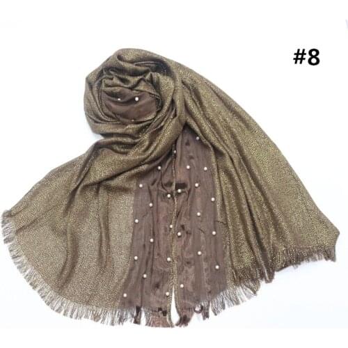 New design fashion gold thread pearls solid fringed scarf women shimmer plain wraps shawl cosy viscose muslim hijabs 50pcs/lot