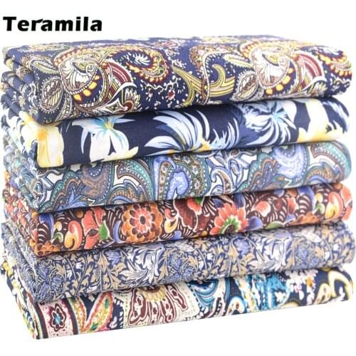 Teramila By the Half Meter NavyBlue Totem Flowers Printed Cotton Poplin Fabrics For Sewing Dress Clothes Cloth Quilt Needlework