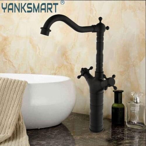 YANKSMART Matte Black Bathroom Faucet Basin Sink Deck Mounted Dual Handles Bath Faucet Washbasin Hot And Cold Mixer Water Tap