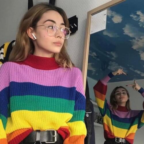 Rainbow Sweater Round Neck Color Long Sleeve Shirt Office Autumn Aesthetics Sweater Shirt Womens Clothing