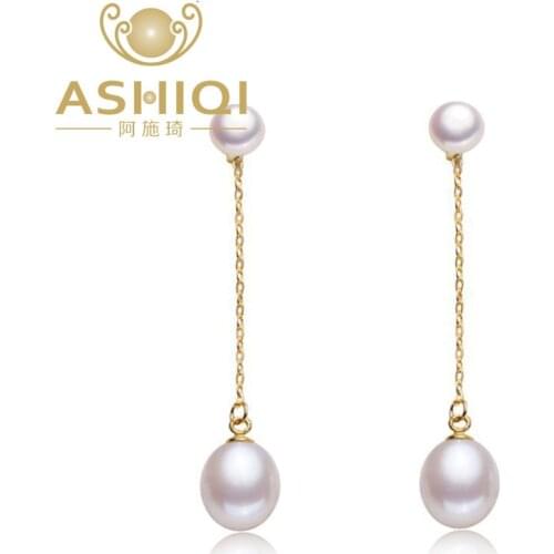 ASHIQI 925 sterling silver drop Earrings Natural Freshwater double Pearl Earrings Fine jewelry for Women gift