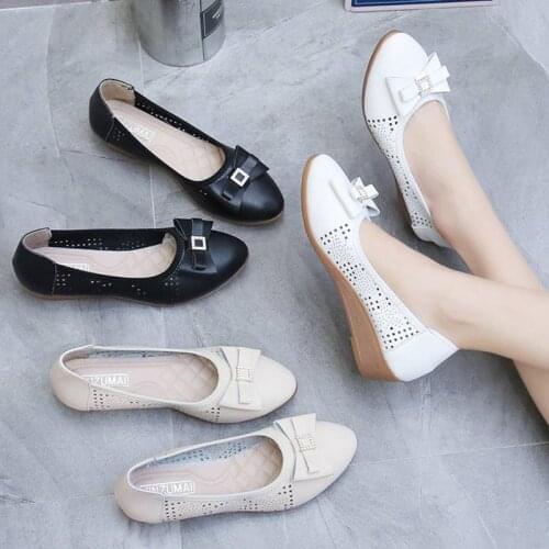 Summer Women Wedding Shoes Bridal White Slip on Shoes Bow Female Wedges Boat Shoes Low Heels Hollow out Comfortable Shoes 8179L