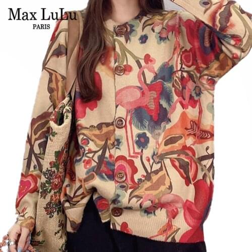 Max LuLu 2021 Autumn New Ladies Vintage Printed Style Knitwear Fashion Sweaters Design Female Casual Elegant O-Neck Cardigans