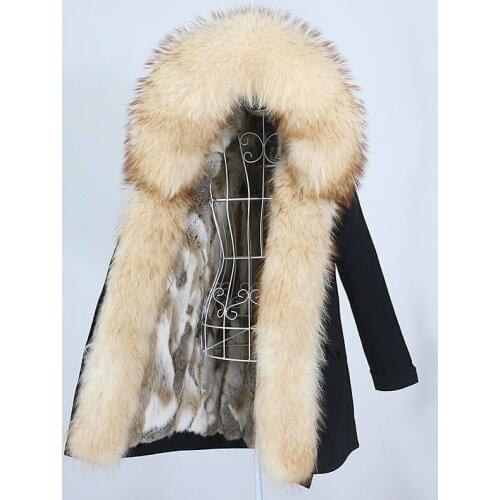 MENINA BONITA Real Fur Coat Waterproof Winter Jacket Women Long Parka Natural Raccoon Fur Hooded Rabbit Fur Liner Streetwear New