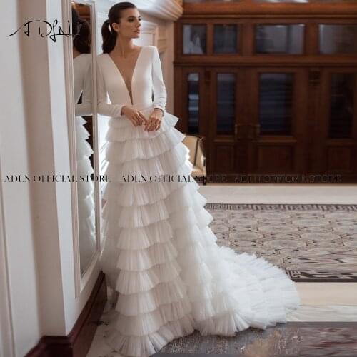 ADLN Jewel Modest Long Sleeves Wedding Dresses White Ivory Tired Skirt Wedding Gown Ruffles Bridal Gown Vestido de Novia