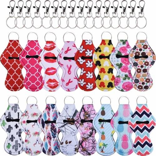 16Pcs Neoprene Lipstick Holder Keychain with Metal Clip Cords Protective Cases Cover Portable Balm Holders Valentines Day Gift