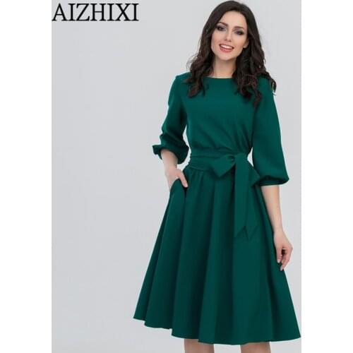 AIZHIXI Vintage Soild Pocket Sashes A-Line Dress Spring Autumn Women Casual O-Neck Lantern Sleeve Dress Elegant Party Dresses