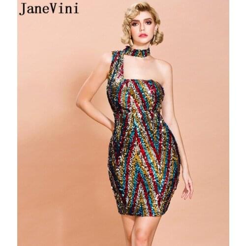 JaneVini Shiny Colorful Sequins Cocktail Dresses for Women Short Sexy Halter Formal Tea Dresses Woman Party Night Dinner Gowns