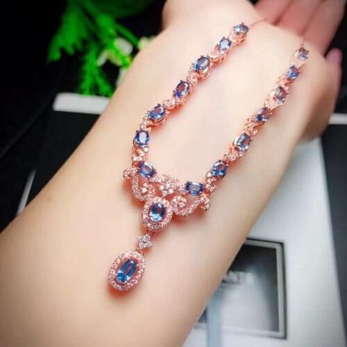 100% Natural Real Sapphire Necklace Pendant Solid S925 Sterling Silver For Women