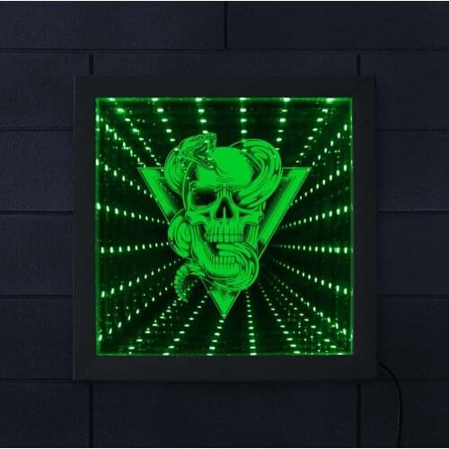 Skull With Rattlesnake Totem Emblem Infinity Mirror Wood Frame Mesmerizing Illusion Tunnel Lamp Snake Through Skull Wall Light