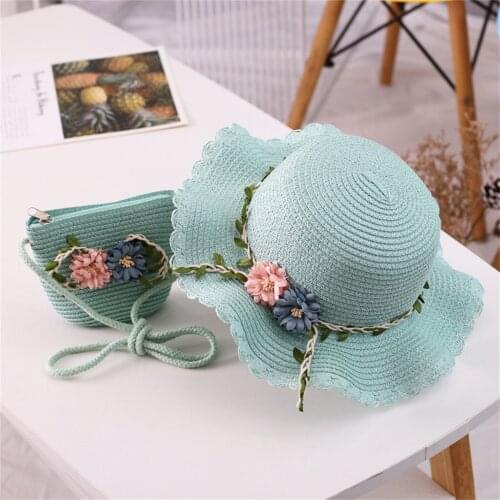 2021 Child Summer New Straw Hat 2-6y Female Baby Girls Hat Matching Bag Korean Sun Shade Flower Pot Hat Beach Beach Hat