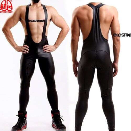 Men Shiny Latex Faux Leather Bodysuit High Elasticity Sexy Vest 2 Two Way Zipper Open Black Bodywear Club Punk Dance Gay Wear