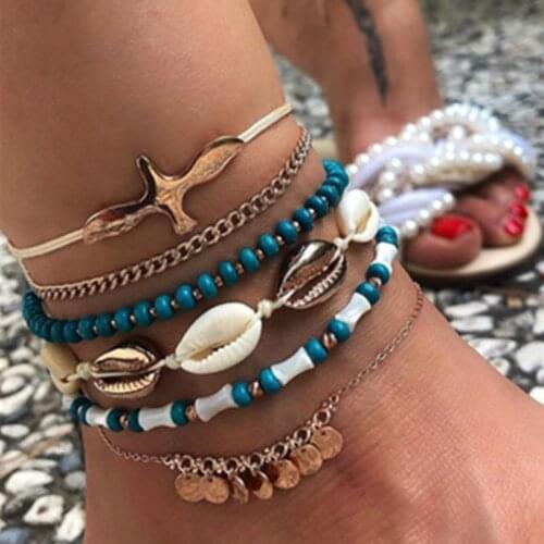 Docona 6pcs/set Bohemia Shell Adjustable Anklets Set for Women Green Seed Beaded Tassel Summer Ocean Beach Party Jewelry 8840