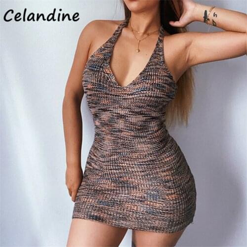 Celandine Cotton Knitted Summer 2021 Women Halter Off Shoulder Pink Mini Wrap Dress Party Night Club Short Sleeveless Dresses
