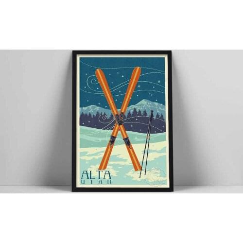 Utah Winter Ski Ice Skating Art Prints Crossed Skis Posters Vintage Tourism Landscape Canvas Painting Gift Kids Room Bar Decor