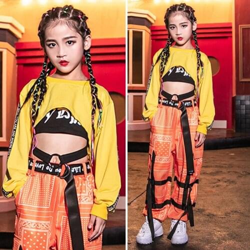 Girls Hip Hop Clothes Kids Yellow Suit Stage Performance Street Wear Girls Jazz Dance Outfits Hip Hop Dance Costumes VDB956