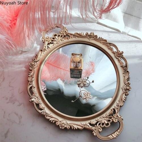 Retro Carved Round Mirror Tray Tea Tray Living Room/room/European Home Decoration Cosmetic Storage Tray Photography Props