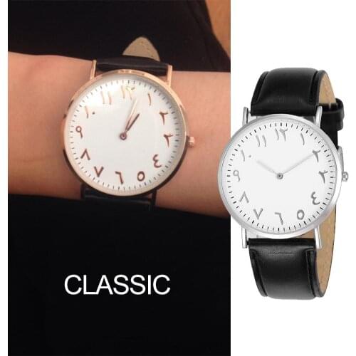 Fashion Arabic Analog Round Dial Men Women Quartz Faux Leather Band Wrist Watch
