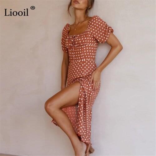 Liooil Backless Polka Dot Slit Midi Dress Square Neck Bandage Short Sleeve Birthday Dresses for Women Elegant Party Sexy 2021