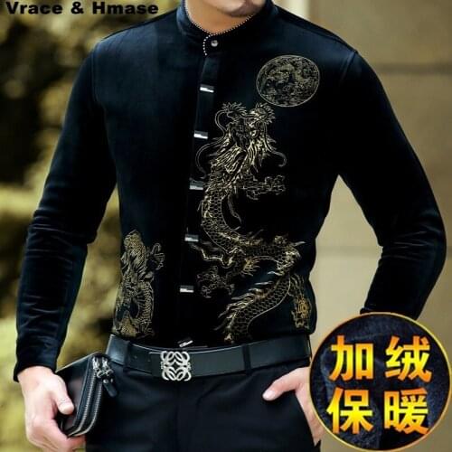 Chinese style animal pattern printing fashion casual long-sleeved shirt 2018 Autumn&Winter gold velvet high-end men shirt M-XXXL