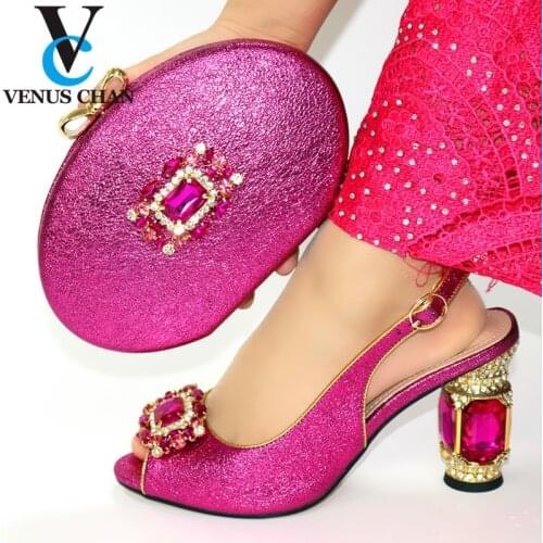 Fashion Rhinestone Woman Shoes And Matching Bag Set Novelty Style FUCHSIA Pumps Shoes And Bag Set For Party Wedding