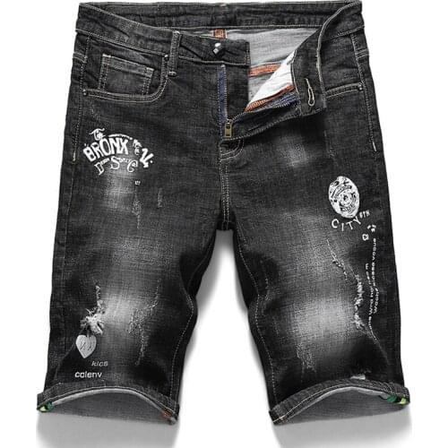 Mens Black Denim Shorts 2019 Summer New Style Fashion Casual Slim Fit 3D Printed Pattern Stretch Jeans Male Brand Clothes