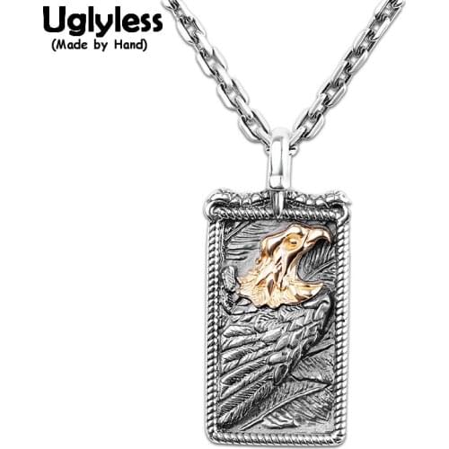 Uglyless Handmade Eagle Necklaces for Men Cool HIP HOP Eagles Square Pendants NO Chain Thai Silver 925 Silver PUNK Jewelry P1160
