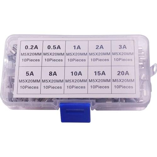 100Pcs 5*20 Fast Quick Blow Glass Tube Assortment Kit, 5x20MM, 0.2A,0.5A 1A 2A 3A 5A 8A 10A 15A 20A/250V+ Box 0.2A~20A