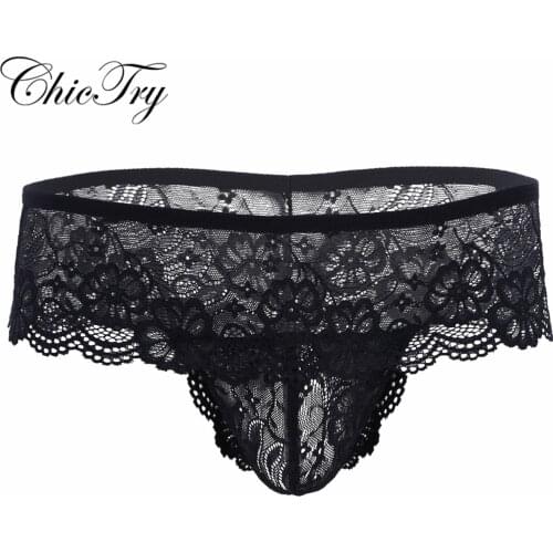 New Arrival Gay Male Mens Lingerie Lacework Open Butt Bulge Pouch G-string Bikini Underwear for Lingerie Night Self Pleasure